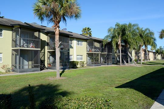 Palm trees line the outside of the Tuscany at Aloma rental buildings. 