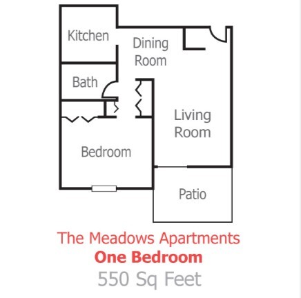 The floor plan of a 1 bedroom apartment at the Meadows.