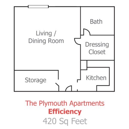The floor plan of a 0 bedroom/efficiency at the Plymouth Apartments.