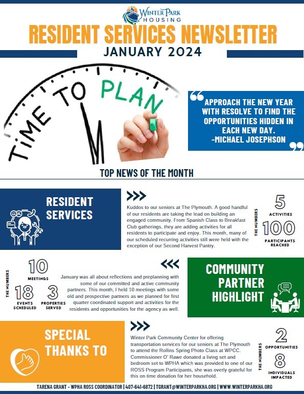 January 2024 Resident Services Newsletter. All information on this newsletter is listed above.