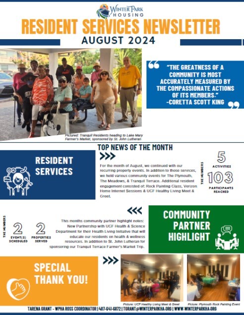 August 2024 Resident Services Newsletter. All information on this newsletter is listed above.