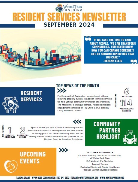 September 2024 Resident Services Newsletter. All information on this newsletter is listed above.