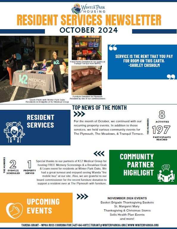 Resident Services Newsletter October 2024. All information on this newsletter is listed above.