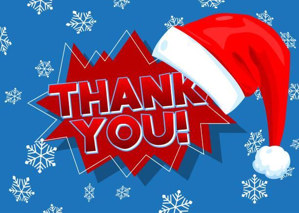 Santa hat on a thank you sign in front of snowflakes.